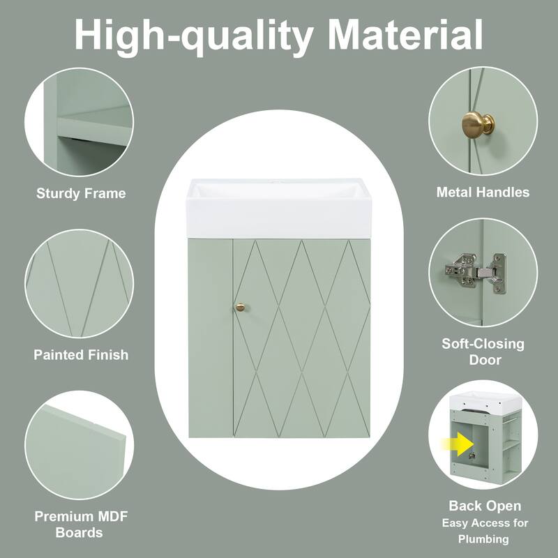 20" Wall Mounted Bathroom Vanity with Ceramic Sink, Diamond Door Design, Side Shelves and Towel Bar