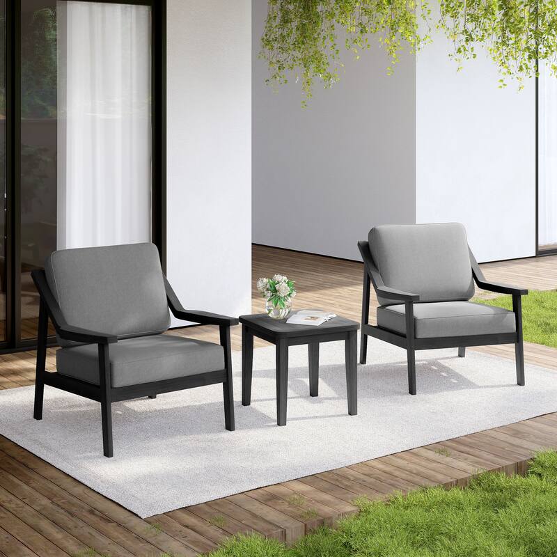 Outdoor Wood Cushioned Patio Set of 2 Accent Chair with Side Table - Dark Wood - Grey