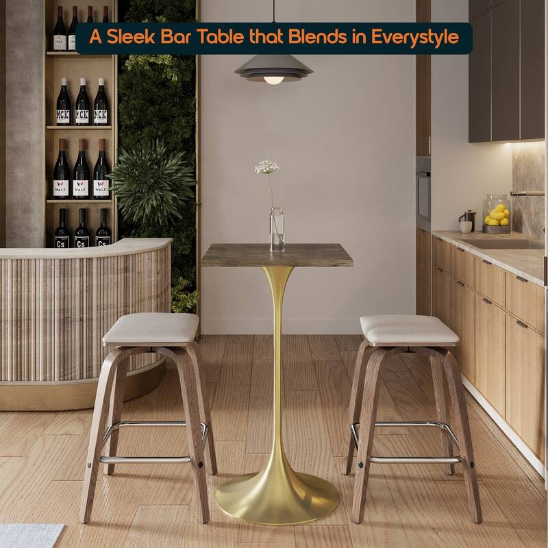 Verve 43 in. Tall Bar Height Dining Table Square MDF Wood Tabletop in Gold Stainless Steel Pedestal Base Accent Bar Table