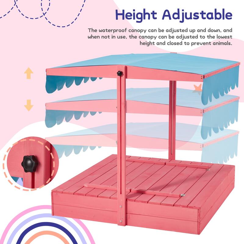 EROMMY Kids Wooden Sandbox with 2 Foldable Bench Seats and Adjustable Canopy Roof