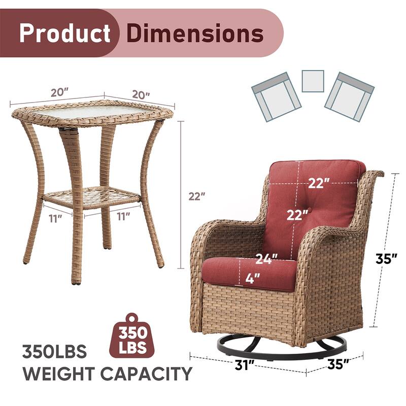 Pocassy Outdoor Glider Chairs Table with 4Inch 5Inch 6Inch Cushion