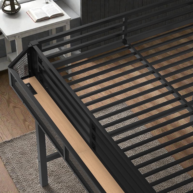 Metal Loft Bed with Storage Stairs, Built-in Wardrobe, Shelves, USB Ports, LED Lights & Noise-Reduced Frame