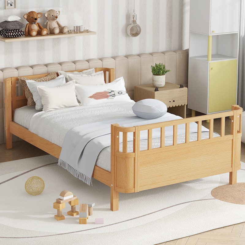 Multi Size Low Platform Bed for Kids with Rounded Corners Guardrails, Detachable Right-side Fence and Open Left-side Design