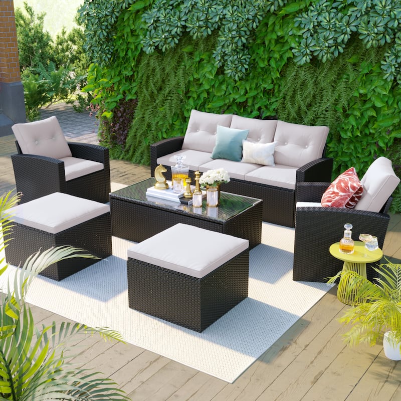 6-Piece All-Weather Wicker PE Rattan Conversation Sectional Set with Coffee Table - Beige