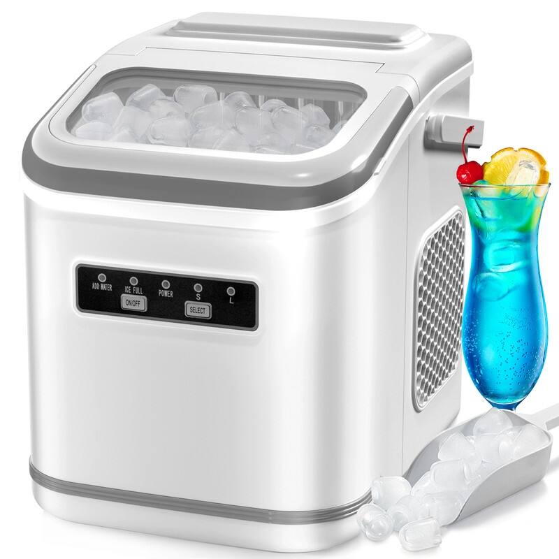 Countertop Ice Maker with Ice Scoop and Basket, 9 Cubes in 6 Mins, 26.5lbs/24h, 2 Sizes of Bullet Ice, Self-Cleaning - White
