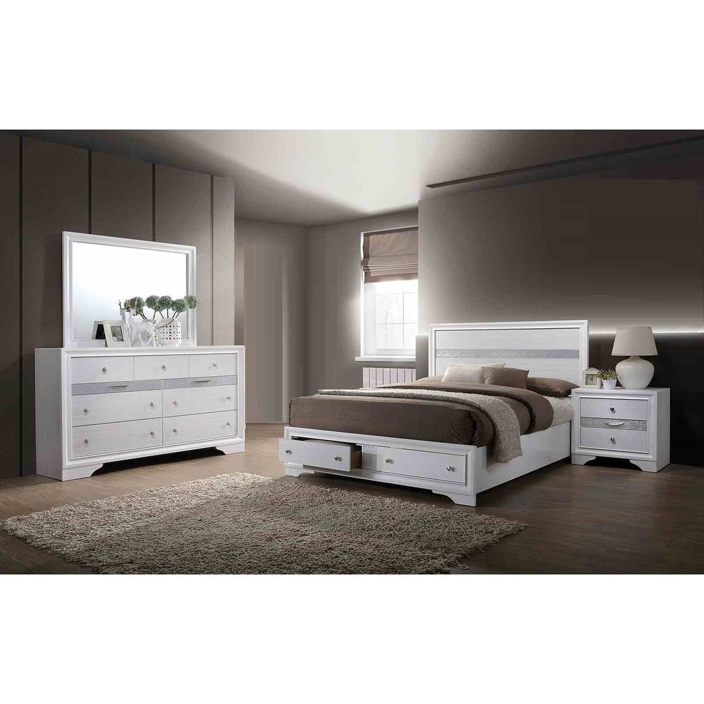 Contemporary White Finish 4 pc Bedroom Set with Footboard Drawers