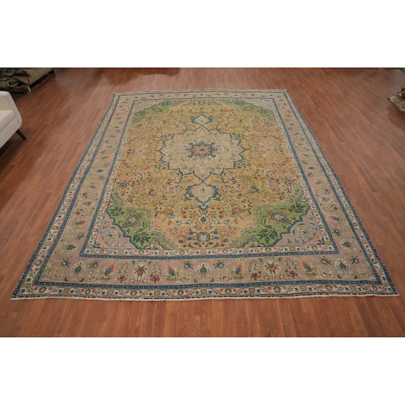 Hand Knotted Oriental 100% Wool Carpet Traditional Floral Oranges & Rust Tabriz Area Rug - 12' 7'' X 9' 10''