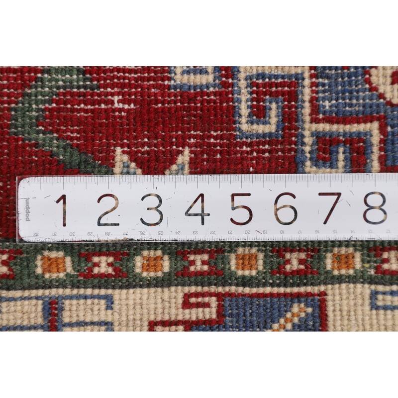 Geometric Red Kazak Accent Rug Hand-Knotted Foyer Wool Carpet - 2'9" x 4'1"