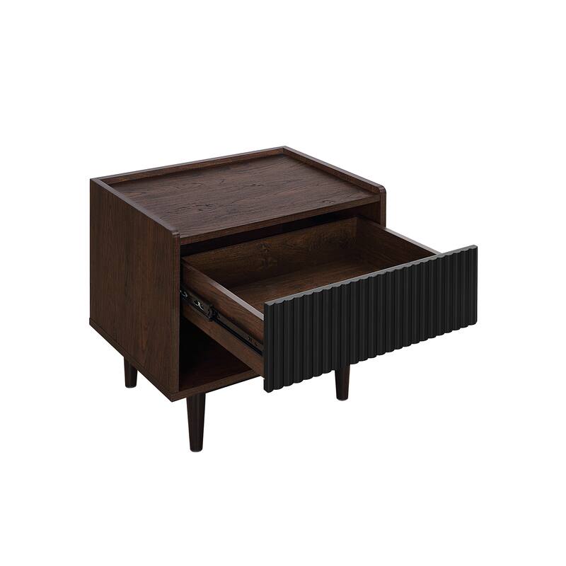 Mid-Century Black Fluted Nightstand with Drawer and Shelf