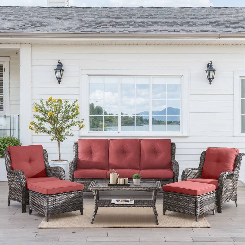 Outdoor Patio Chairs with Sofa Ottoman Table - Grey - Red