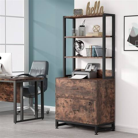 Brown/ Black 4-Tier Tall File Cabinet with Lock, Multi-Functional Shelf Units for Collection,Filing Cabinet Bookshlves