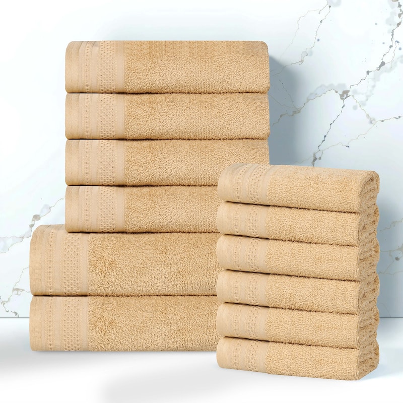 Superior Honeycomb Textured Border Cotton Medium Weight 12 Piece Towel Set - Gold