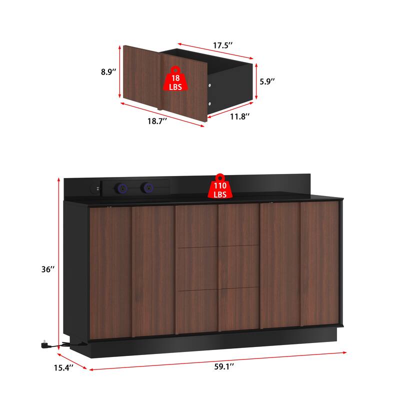 Modern Black High-Gloss Sideboard Buffet Cabinet with Coffee Wood Grain Doors, Sliding Power Outlet & Cable Management Box