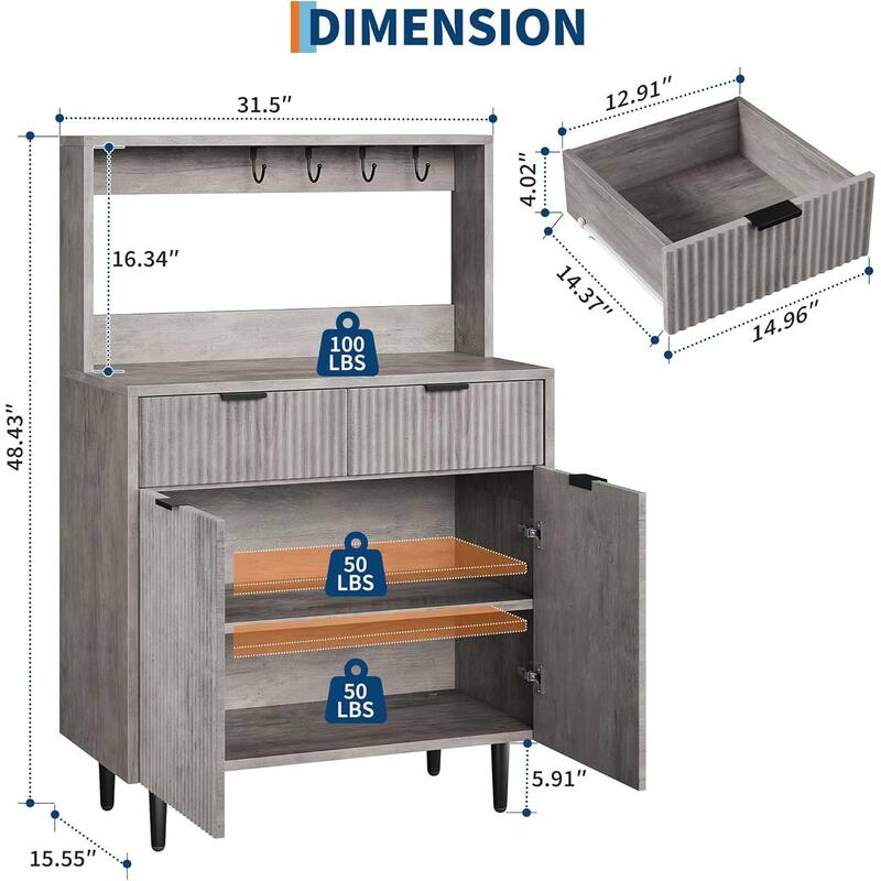 2-Door Sideboard Buffet Cabinet with 2 Drawers, Wood Storage Cabinet for Kitchen