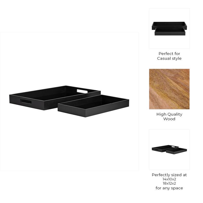 Sagebrook Home Set of 2 Nesting Serving Trays Wood/Glass 14" and 18" Rectangular Black Decorative Trays - 18" x 12" x 2"