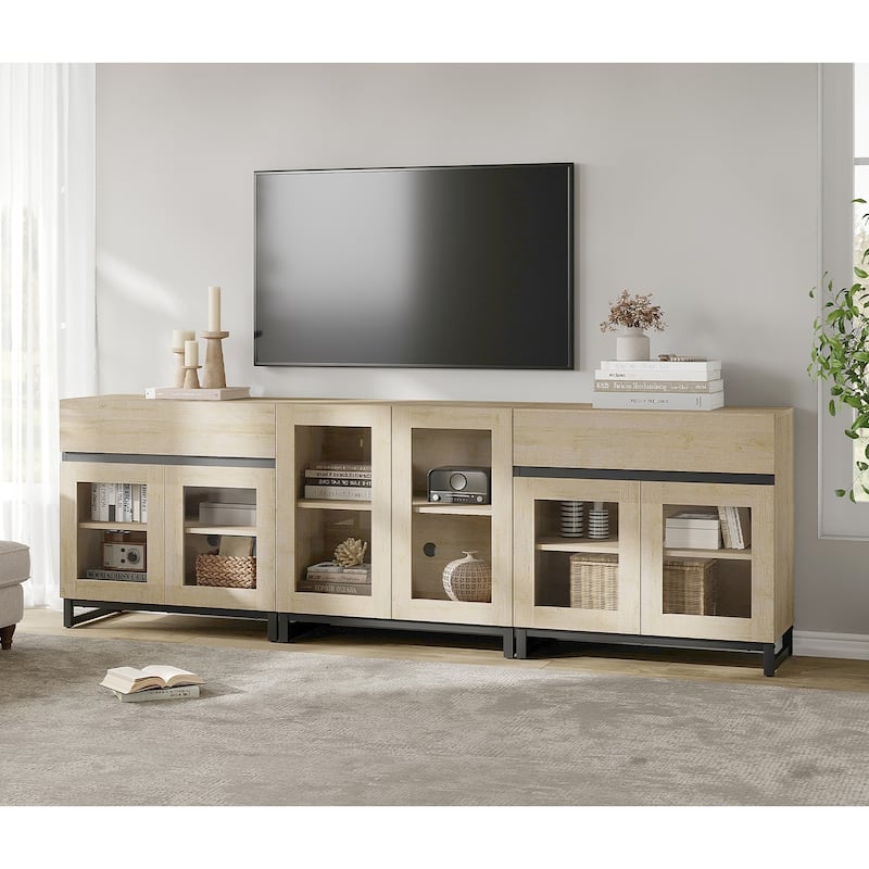 Modern TV Stand for Tvs Up to 100 Inch, 3 In 1 TV Console with Glass Doors and 2 Drawers, Entertainment Centerf or Living Room - 94.5 inches - Beige