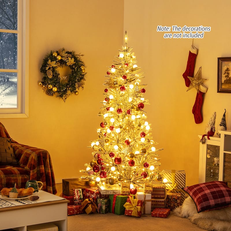 Gymax 6/7/8 FT Snow-flocked Artificial Christmas Tree w/51/65/81 - Green+White