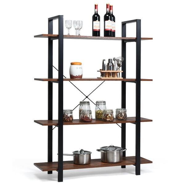 Gymax 4 Tiers Bookshelf Industrial Bookcases Metal Frame Shelf Display Stand Wooden Wood Grain On Sale Overstock