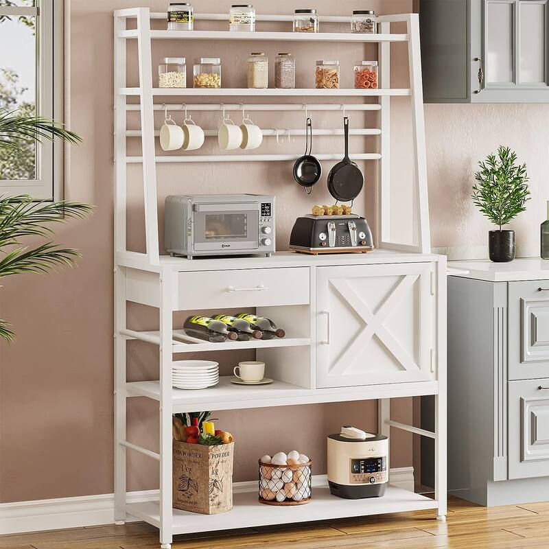 Baker's Rack Coffee Bar Cabinet Farmhouse Microwave Stand - White
