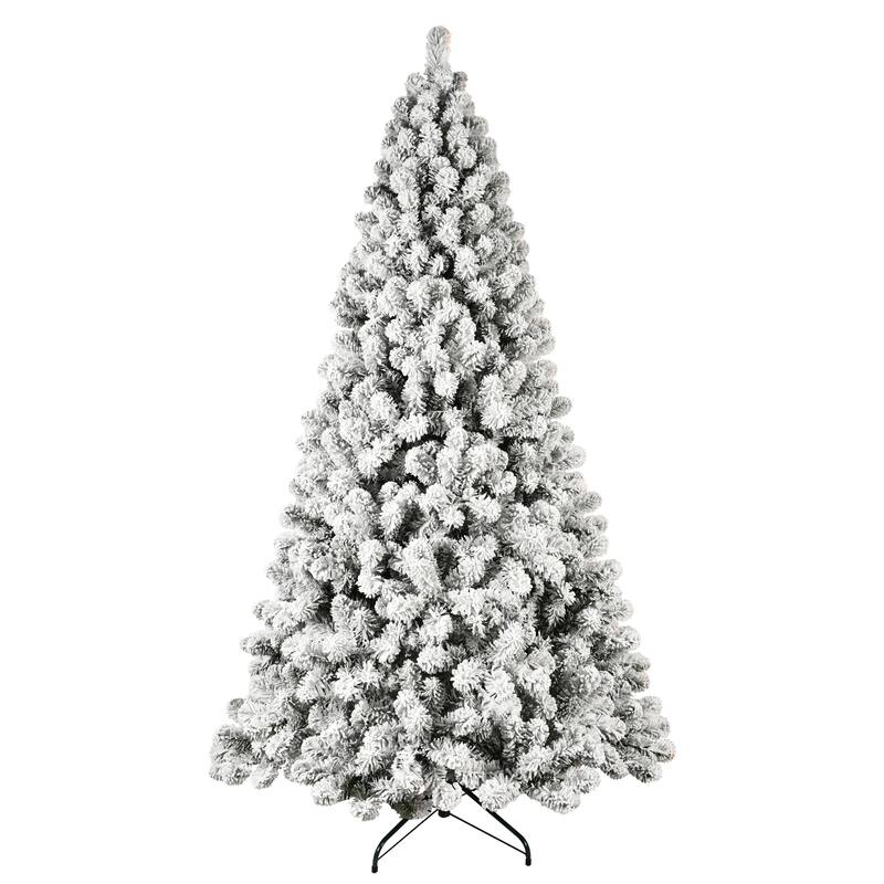 Pre-Lit Flocked Artificial Tree - UL Warm White Lights, Auto-Unfold Memory Wire, Metal Stand - Green,White