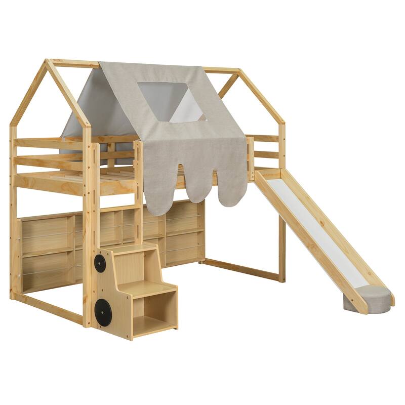 House-shaped Twin Loft Bed with Tent, Slide, and Storage in Natural+Beige
