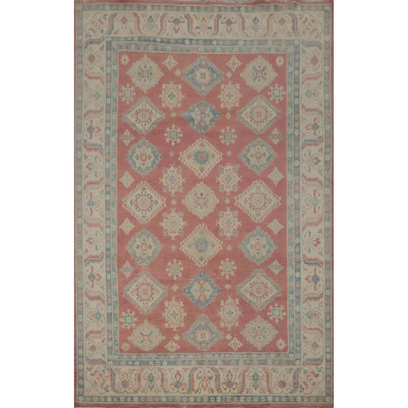 Hand Knotted Oriental 100% Wool Carpet Traditional Geometric Pink Kazak Area Rug - 11' 3'' X 8' 6''