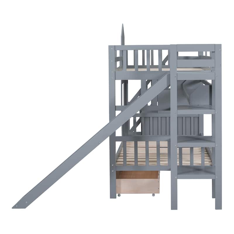 Castle Bunk Bed with 2 Drawers Shelves and Slide, Deluxe Edition Kids