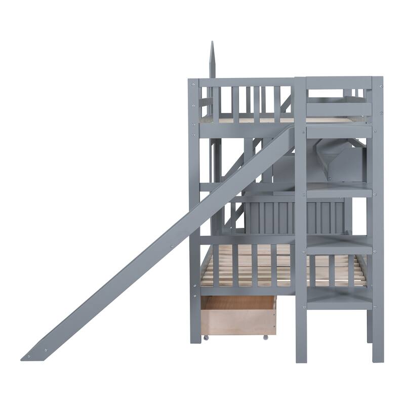 Castle Bunk Bed with 2 Drawers Shelves and Slide, Deluxe Edition Kids