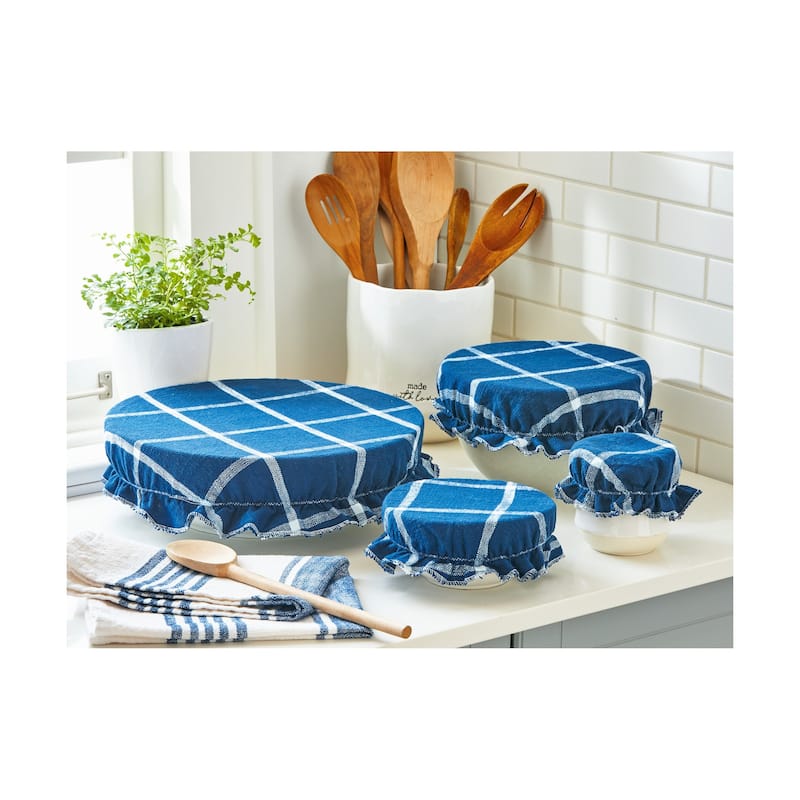 Classic Check Bowl Covers Set of 4 - Black Cotton Kitchen Textiles, Dishwasher Safe Food Wrap & Storage, Everyday Use