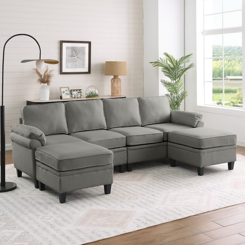 102" U-Shaped Linen Fabric Sectional Sofa with Ottomans