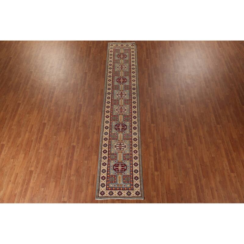 Traditional Blue Kazak Runner Rug Hand-Knotted Oriental Wool Carpet - 2'6" x 13'5"