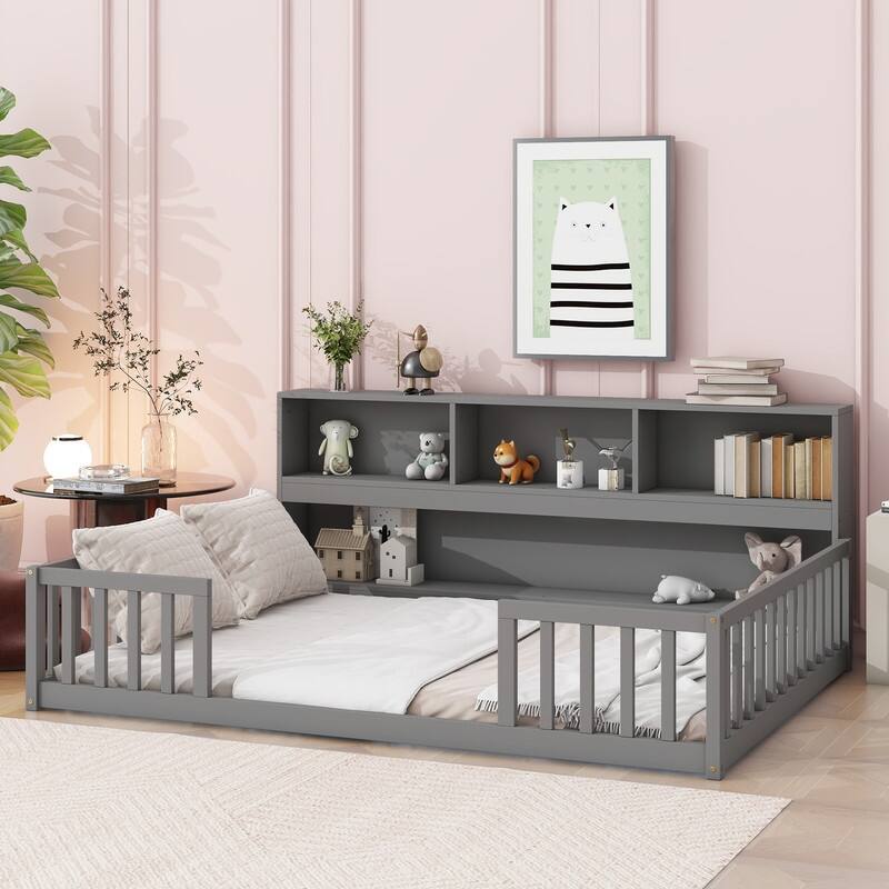 Full Size Floor Bed with Side Bookshelf,Guardrails, for kids