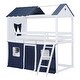 preview thumbnail 6 of 7, White+Blue Twin Size Wood Castle House Bunk Bed with Windows, Sills, Tent, and Slide, Playhouse Design