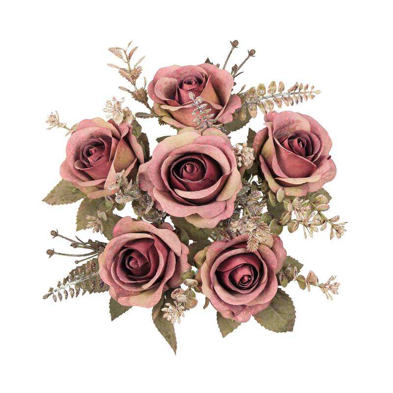 Set of 2 Dusty Burgundy Artificial Rose Flower Stem Bush Bouquet 15in - 15" L x 8" W x 8" DP