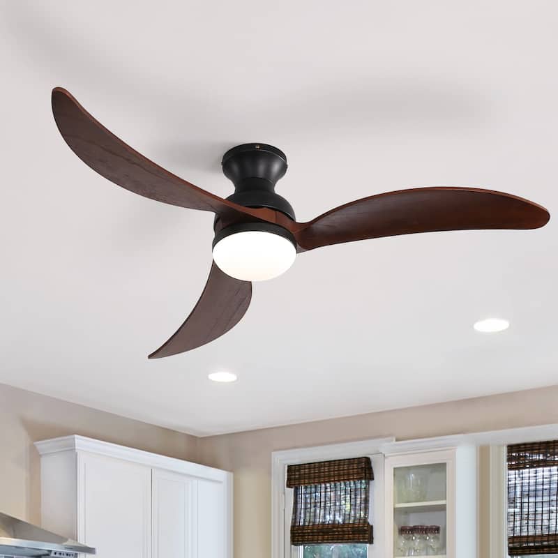 52" Low Profile Smart Ceiling Fan with LED Light, Remote or Phone APP Control,Black with Walnut Blades
