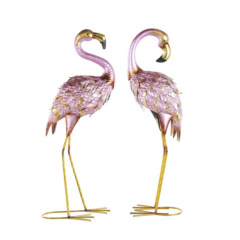 Metal Flamingo Decorative Garden Sculpture with Dimensional Feathers and Gold Accents - Set of 2 Pink - Roche River Decor - Pink