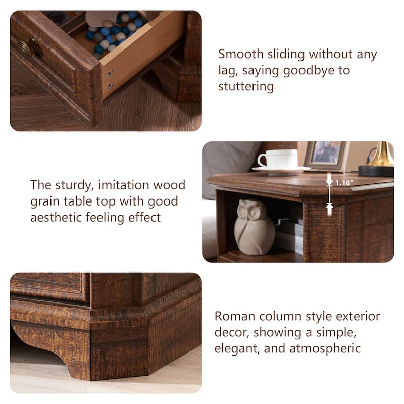 Farmhouse Nightstand Set of 2 with Charging Station, Beside Table