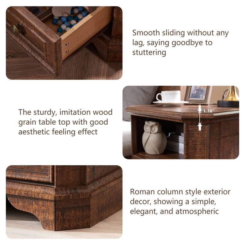 Farmhouse Nightstand with Charging Station, Beside Table for Bedroom