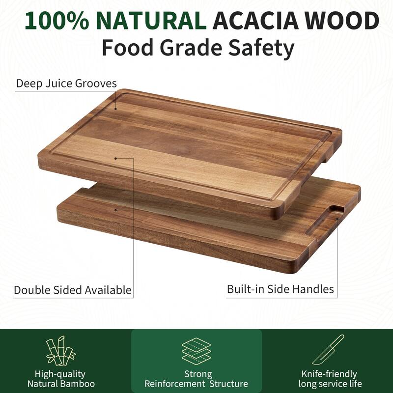 Acacia Wood Chopping Board with Deep Juice Grooves & Side Handles
