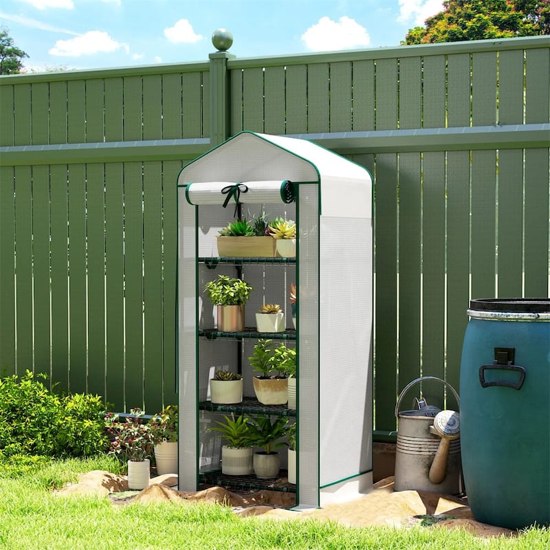 4-Tier Portable Outdoor UV-Resistant Greenhouse PE Cover with Double-Layer Roof and Shelves