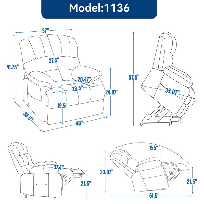 Oversized Power Lift Recliner Chair with Massage, Heat, 8-Point Vibration, Lumbar Heating, USB Port, Dual Side Pockets