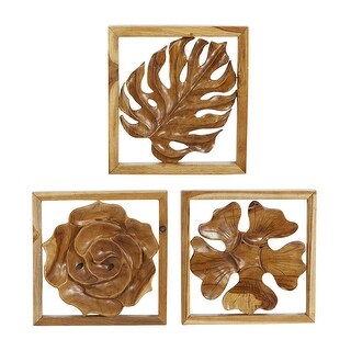 Teak Wood Floral Handmade Framed Carved Leaf and Home Wall Decor - Set ...