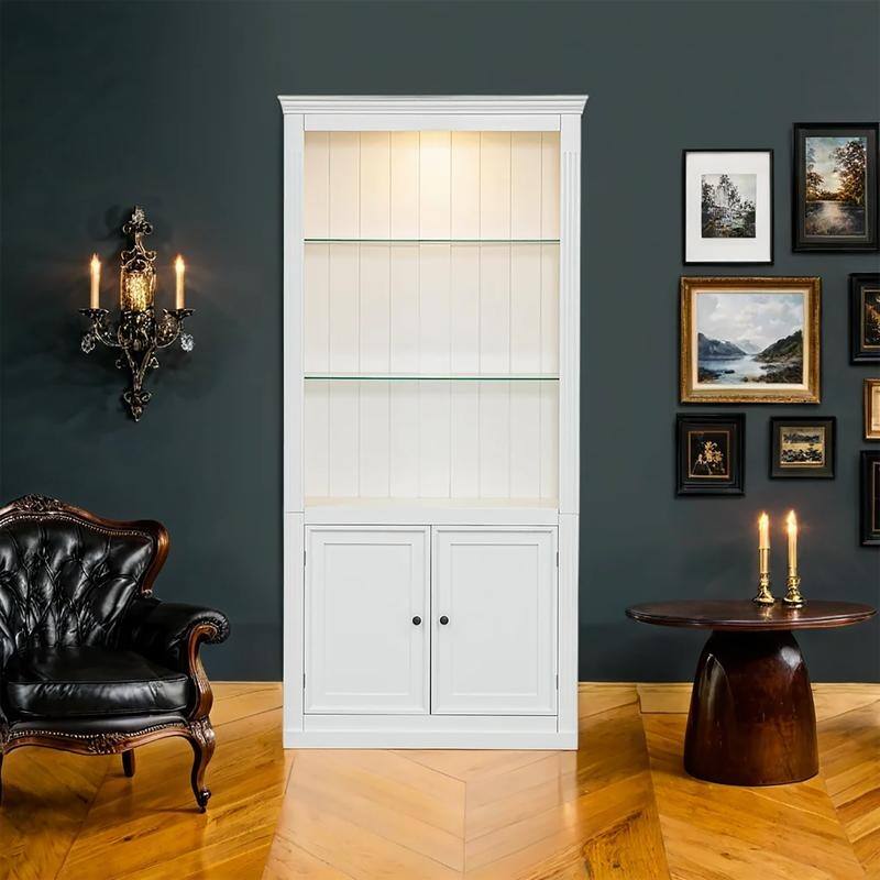 Farmhouse 78.75"Tall 4-Tier Display Shelf with Adjustable Glass Shelves and Dimmable Ceiling Light for Home Decor