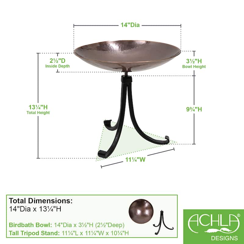 Achla Designs 14"W Round Burnt Copper Stainless Steel Birdbath w/ Black Wrought Iron Tripod Stand