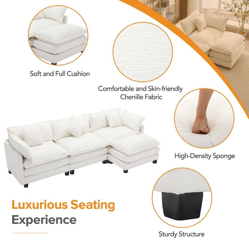 112.2" Modern L-Shaped 4-Seat Sectional Sofa with Removable Ottoman, 5 Plush Pillows, and Sturdy Construction
