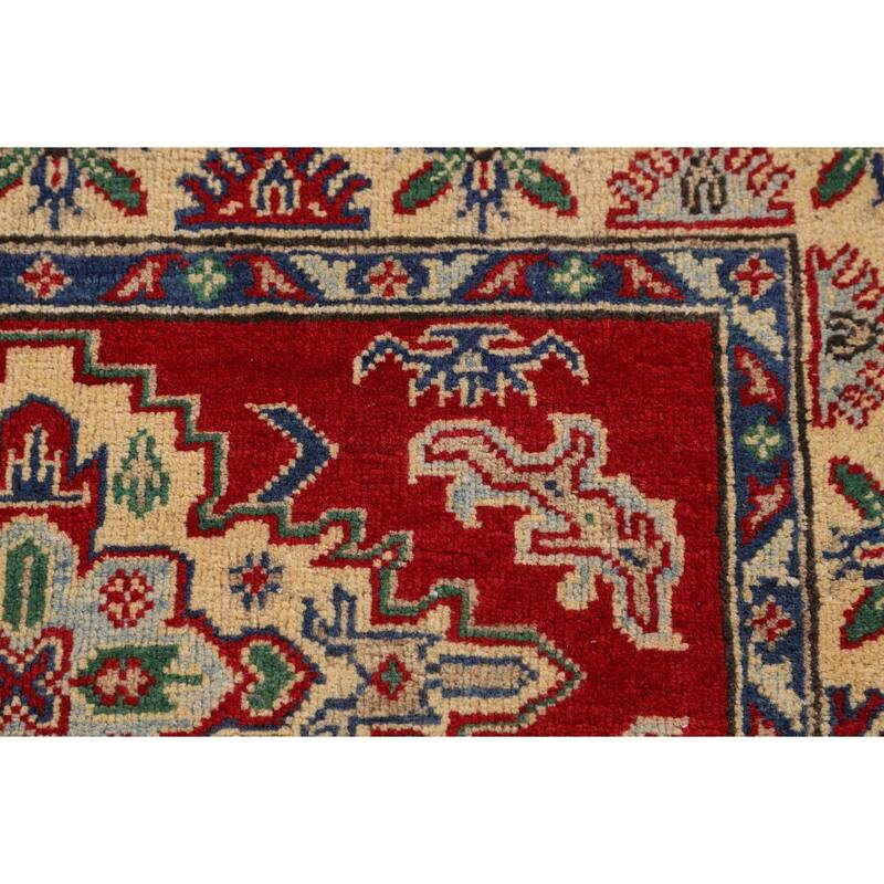 Red Geometric Kazak Foyer Rug Hand-Knotted Oriental Wool Carpet - 3'5" x 5'2"