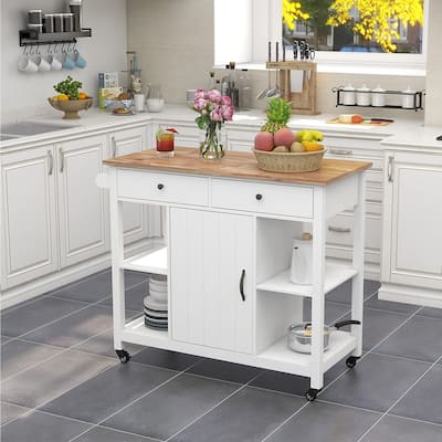 Kitchen Island with Wood Top, Kitchen Cabinet with Adjustable Shelves, Kitchen Cart with Locking Wheels