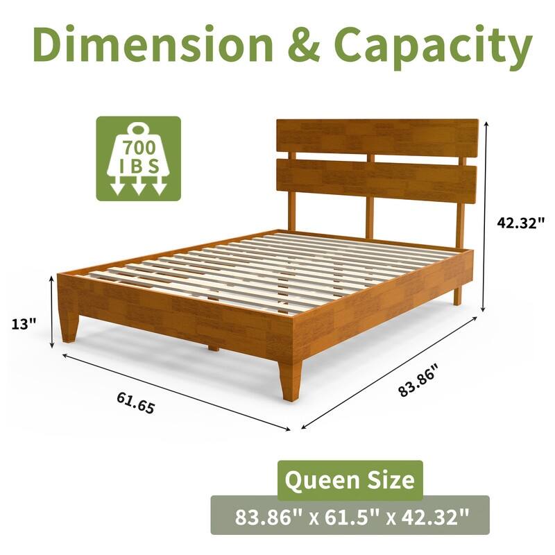 Modern Brown Solid Wood Platform Bed Frame with Headboard