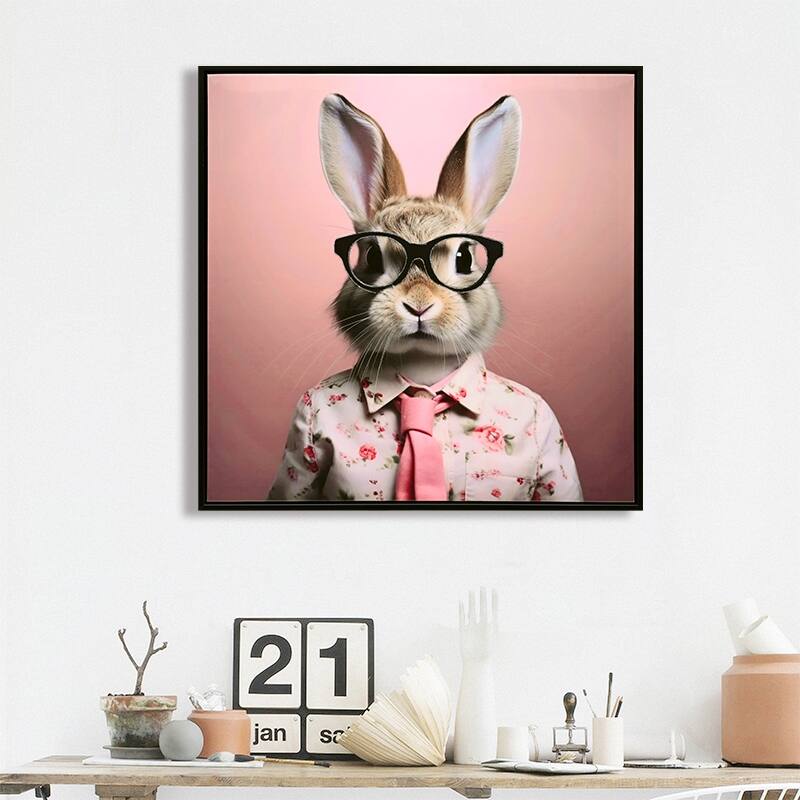 Stretched Canvas Print - Whimsical Rabbit in Blush Pink Suit for Nursery and Bedroom Wall Decoration