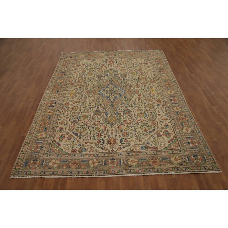 Hand Knotted Oriental 100% Wool Carpet Traditional Floral Beige & Ivories Tabriz Area Rug - 10' 9'' X 7' 10''